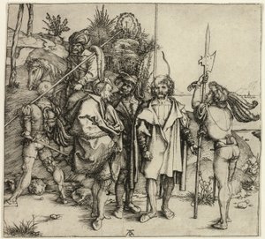 Fünf Landsknechte und ein orientalischer Mann zu Pferd