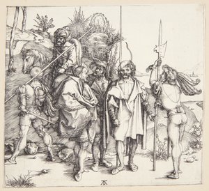 Fünf Landsknechte und ein Orientalischer zu Pferd