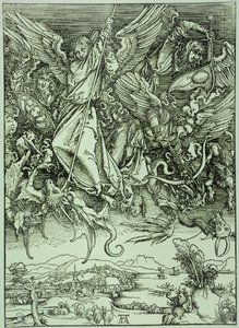 Die Apokalypse (lateinische Ausgabe): Heiliger Michael besiegt den Drachen (Bartsch 72) von Albrecht Dürer