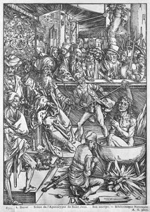 Szene aus der Apokalypse, Das Martyrium des heiligen Johannes des Evangelisten, lateinische Ausgabe, 1511 von Albrecht Dürer