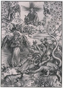 Sonnenweib und der siebenköpfige Drache, IX. Figur, Blatt 11 der Folge "Die Apokalypse" von Albrecht Dürer