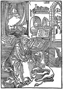 St. Hieronymus in seinem Studierzimmer, der einem Löwen einen Dorn aus der Pfote zieht, 1492