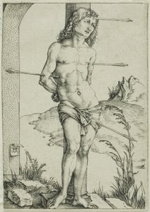 Der heilige Sebastian an die Säule gebunden