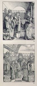 Der Triumphbogen von Kaiser Maximilian I. (1459-1519): Detail, das zwei Tafeln über dem linken Portal zeigt, die Ereignisse im Leben von Kaiser Maximilian darstellen, veröffentlicht 1517-28 von Albrecht Dürer