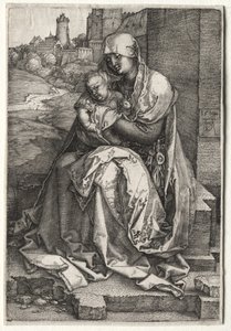 Die Jungfrau und das Kind sitzen an der Mauer von Albrecht Dürer