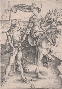Eine Dame zu Pferd und ein Landsknecht