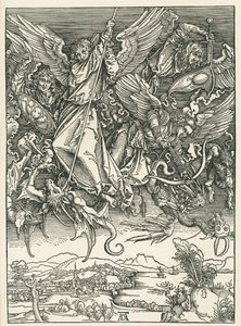 Erzengel Michael kämpft gegen den Drachen. Die Offenbarung des Heiligen Johannes von Albrecht Dürer or Duerer