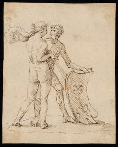 Nackte Frau und Mann mit dem Schild mit dem Wappen von Willibald Pirckheimer von Albrecht Dürer