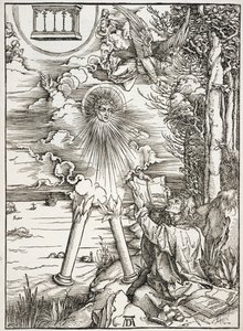 Szene aus der Apokalypse, St. Johannes verschlingt das Buch, lateinische Ausgabe von Albrecht Dürer
