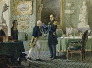 Kaiser Nikolaus I. verleiht das blaue Band des Ordens des Heiligen Andreas an Graf Michail Speransky