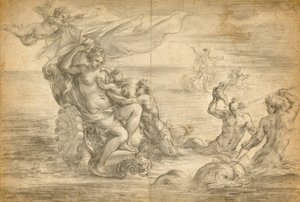 Venus in ihrem Meereswagen sitzend, Amor säugend