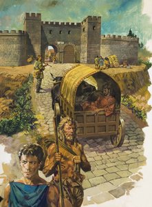 Karren, der eine ummauerte Stadt im römischen Britannien betritt
