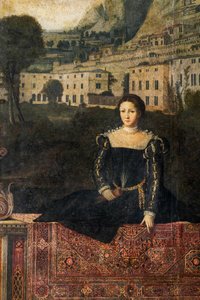 Porträt einer Adligen, Detail des Kleinen Zimmers der Edlen Damen von Alessandro Bonvicino Moretto