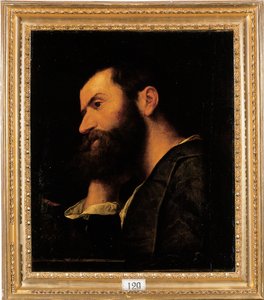 Porträt des Dichters Pietro Aretino, Brustbild, stützt seinen Kopf auf seine rechte Hand an einem Sims mit einer Pflanze