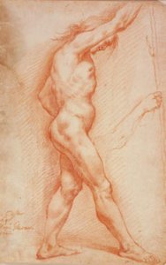 Stehender männlicher Akt mit einem Stab im Profil nach rechts, und eine Skizze für seinen rechten Arm von Alessandro Gherardini