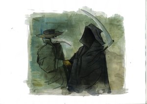 Ein Pestdoktor mit einer schnabelartigen Maske, die mit aromatischen Gegenständen gefüllt ist, vor dem Tod, der ihre Falschheit hält