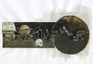 Alchemist in seinem Labor umgeben von Flaschen und Destillierkolben