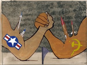 Allegorische Darstellung des Kalten Krieges als Armdrücken zwischen den Streitkräften Amerikas und der Sowjetunion - Illustration von Alessandro Lonati