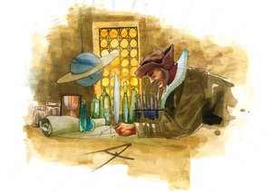 Ein Alchemist in seinem Labor, umgeben von Fläschchen und Destillierapparaten, untersucht den Inhalt eines Fläschchens