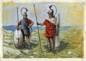 Antikes Griechenland: Thureophoros-Söldner (3.-1. Jahrhundert v. Chr.) (rechts) und Thorakites (links) Zeichnung von Alessandro Lonati