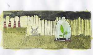 Ökologie, Verschmutzung: eine kleine grüne Pflanze in einer Glocke umgeben von Tierskeletten, in einer von Fabrikschornsteinen kontaminierten Umgebung Illustration von Alessandro Lonati