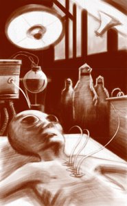 Fantastische Kreatur: ein Alien, das Labortests unterzogen wird. Illustration von Alessandro Lonati, 2010 von Alessandro Lonati