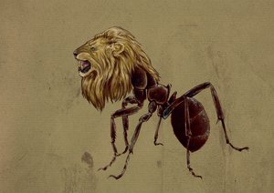 Fantastische Monster und Kreaturen, Kryptozoologie: Darstellung eines Myrmecoleo, Ameise mit Löwenkopf - Zeichnung von Alessandro Lonati, 2012