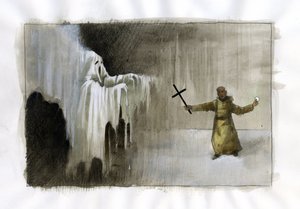 Kampf zwischen einem Mönch mit einem Kruzifix und einem Geist - Illustration von Alessandro Lonati