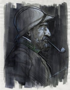 Erster Weltkrieg 1914-1918: Profilporträt eines Soldaten der italienischen Armee, der 1915 Pfeife raucht. Zeichnung von Alessandro Lonati
