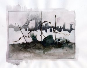 Erster Weltkrieg: Kriegsallegorie mit Totenkopfshelm in Bärten vor Ruinen Farbdarstellung von Alessandro Lonati
