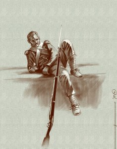 Erstes Kaiserreich: Leichtinfanteriesoldat in Ruhe während einer Kampagne von Napoleon I. (wahrscheinlich in Russland) Anfang des 19. Jahrhunderts. Illustration von Alessandro Lonati, 2010