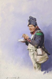 Erstes Kaiserreich: Leichter Infanteriesoldat während einer Mahlzeit während eines Feldzugs von Napoleon I. (wahrscheinlich in Russland) Illustration von Alessandro Lonati, 2010