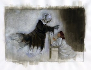 Geist einer älteren Nonne mit krummen Händen erscheint einem betenden kleinen Mädchen - Illustration von Alessandro Lonati