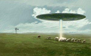 Mysteriöses Phänomen: eine fliegende Untertasse (Alien oder UFO) entführt ein Schaf. Zeichnung von Alessandro Lonati