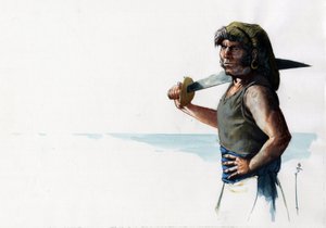 Porträt eines Piraten oder Seemanns mit einem Schwert, der aufs Meer blickt. Farbzeichnung von Alessandro Lonati.