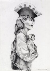 Profilporträt einer Piratenfrau aus der Karibik mit kleinem Affen in den Armen von Alessandro Lonati