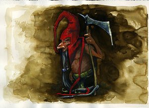 Darstellung einer Rotkappe (Rotkappe, Powrie oder Dunter, Rot-Bonnet) legendäre bösartige Kreatur der Koboldfamilie aus der britischen Folklore Illustration von Alessandro Lonati