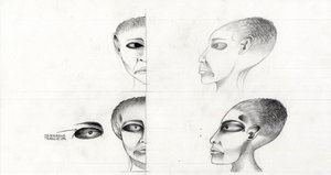 Science-Fiction-Illustration: Studie des Gesichts eines Außerirdischen vom Planeten Mars zur Eroberung des Weltraums Zeichnung von Alessandro Lonati