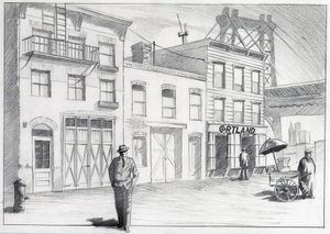 Vereinigte Staaten, New York: Blick auf eine Straße aus einem Stadtviertel der 1950er Jahre. Zeichnung von Alessandro Lonati
