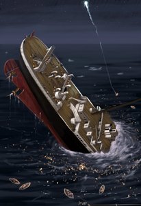 Ansicht des transatlantischen Liners Titanic zum Zeitpunkt des Untergangs am 14. und 15. April 1912. Illustration von Alessandro Lonati, 2010