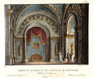 Isolettas Kabinett im Schloss Montolino in der Bretagne Bühnenbild für die Aufführung der Oper „La straniera“ (1828) von Vincenzo Bellini im Teatro alla Scala im Jahr 1829. Lithographie in „Raccolta di invenzioni sceniche del 1830 di Alessandro Sanquirico