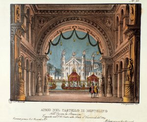 Das Vestibül des Schlosses Montolino in der Bretagne Bühnenbild für die Aufführung der Oper „La straniera“ (1828) von Vincenzo Bellini im Teatro alla Scala im Jahr 1829. Lithographie in „Raccolta di invenzioni sceniche del 1830 di Alessandro Sanquirico