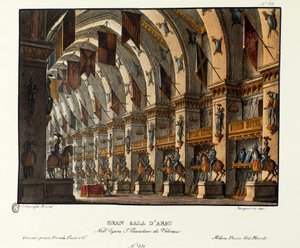 Ansicht des großen Waffensaals. Szenografie für die Aufführung der Oper „I cavalieri di Valenza“ von Giovanni Pacini und Gaetano Rossi (1828). Lithografie in „Raccolta di invenzioni sceniche del 1830 di Alessandro Sanquirico“