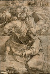 Fragment einer Himmelfahrtsszene (?) mit Aposteln und Franz von Assisi im Vordergrund