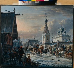 Russische Postschlitten (Troika) fahren im Winter durch eine Straße und grüßen die Bewohner von Alexander Orlowski
