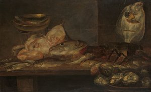 Stillleben mit Fisch und Hummer und Austern auf einem Tisch