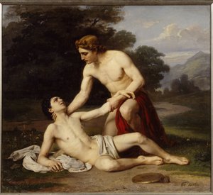 Apollon und Hyazinth. Der griechische Gott beugt sich über den jungen Mann, der beim Diskuswerfen an der Schläfe verletzt wurde - Gemälde von Alexander Alexejewitsch Kisselew (1855-nach 1918)