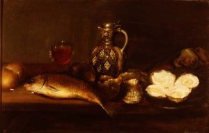 Ein Frühstücksstillleben mit einem Steinkrug, Fisch und Austern
