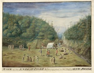 Ansicht des Wasserplatzes der Endeavour in der Bucht des Guten Erfolgs, Feuerland, mit Einheimischen, Januar 1769 von Alexander Buchan