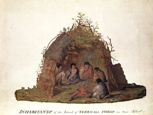 Bewohner der Insel Terra del Fuego in ihrer Hütte